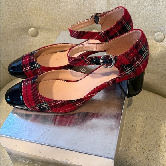 J.Crew Millie Deep Ruby Plaid Patent Toe Ankle Strap Block Heels Pumps Size 6.5 - Picture 2 of 5
